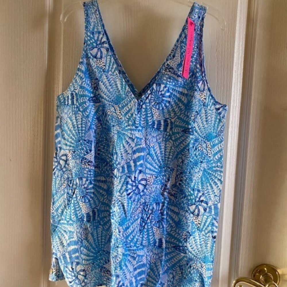 New Lilly Pulitzer Amalfi Blue Linen Lagoon V-Neck Blouse Size Small